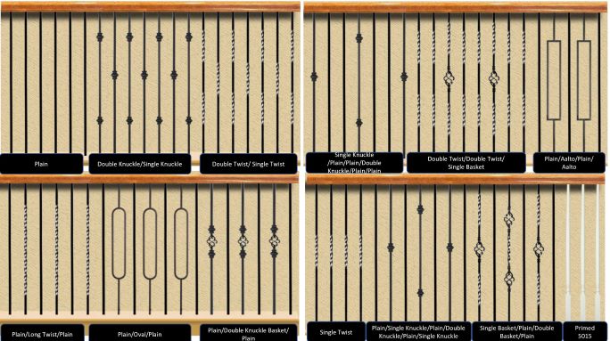 Black balusters in stock – The above options are available in 1/2″ black for between $20 to $30 per baluster fully installed.  Patterns can be adjusted based on customer design (some applications may have restrictions)